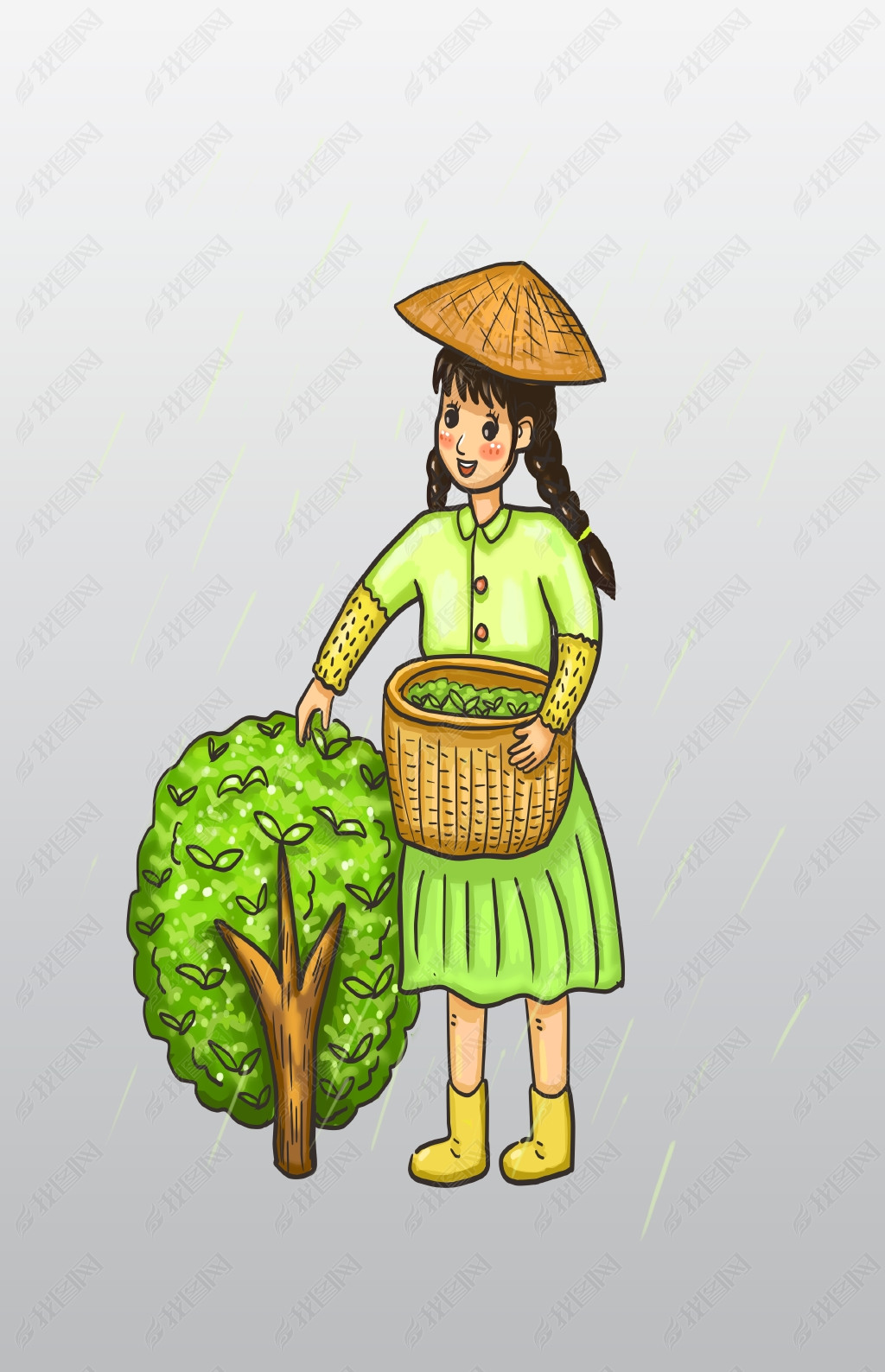 原创手绘谷雨采茶插画