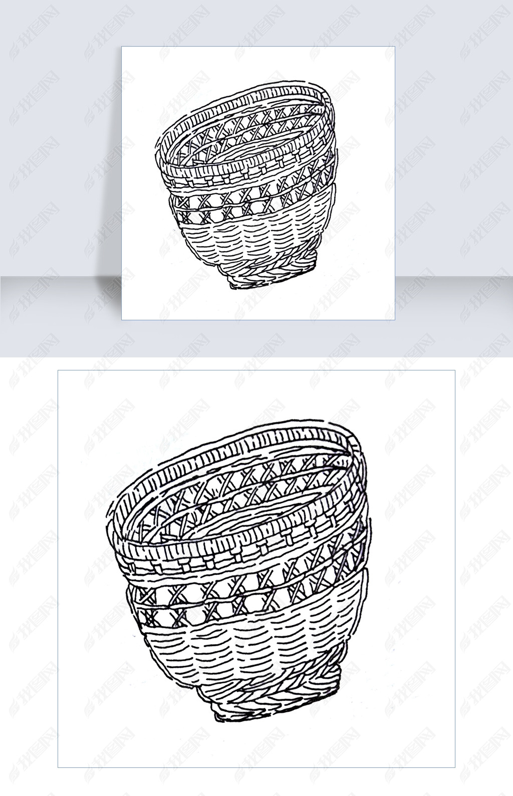 原创手绘黑白线条竹篮子版权可商用