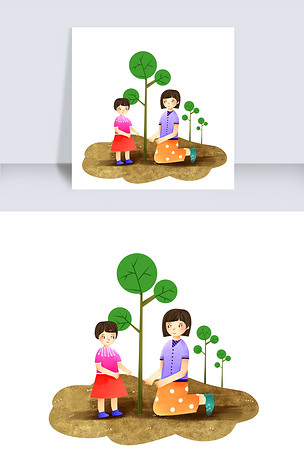 手绘植树节种树插画