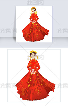 手绘可爱新娘情侣中式婚礼礼服装饰免费下载