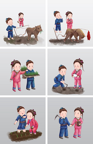 原创春天手绘古风卡通人物农耕多个场景合集版权可商用
