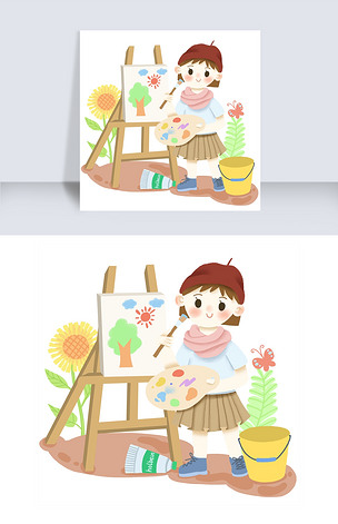 原创培训班卡通女孩绘画美术矢量图