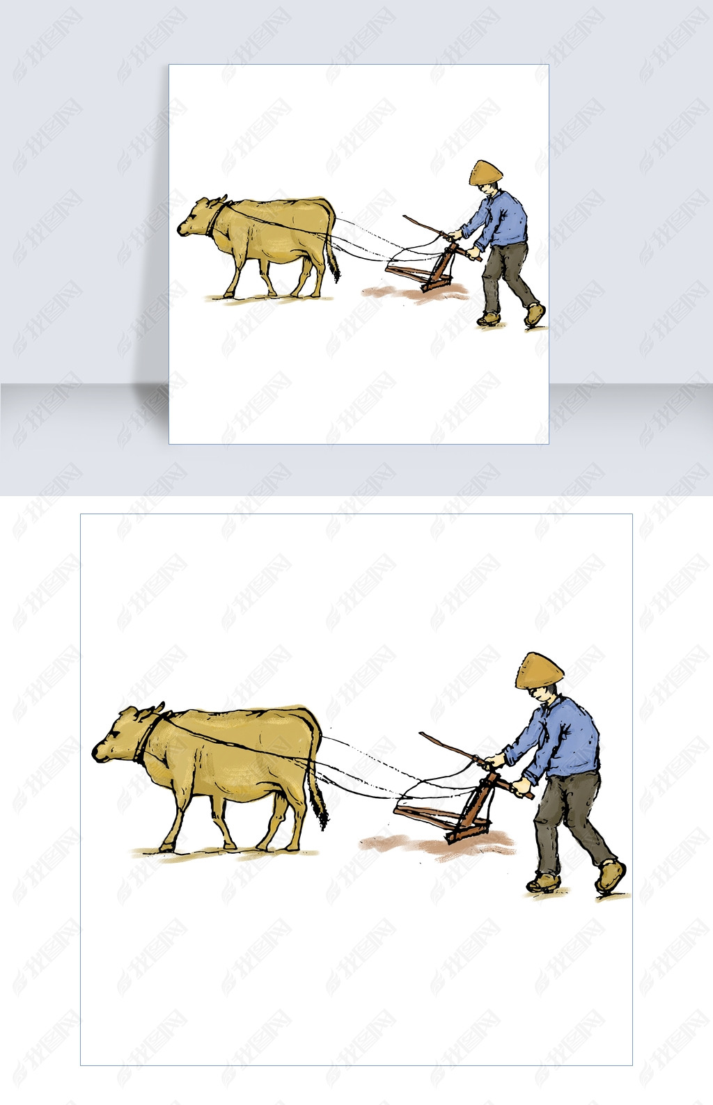 卡通小牛在耕地免抠图