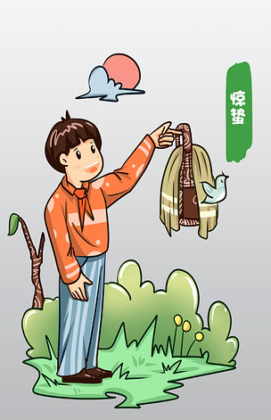 手绘惊蛰遛鸟插画