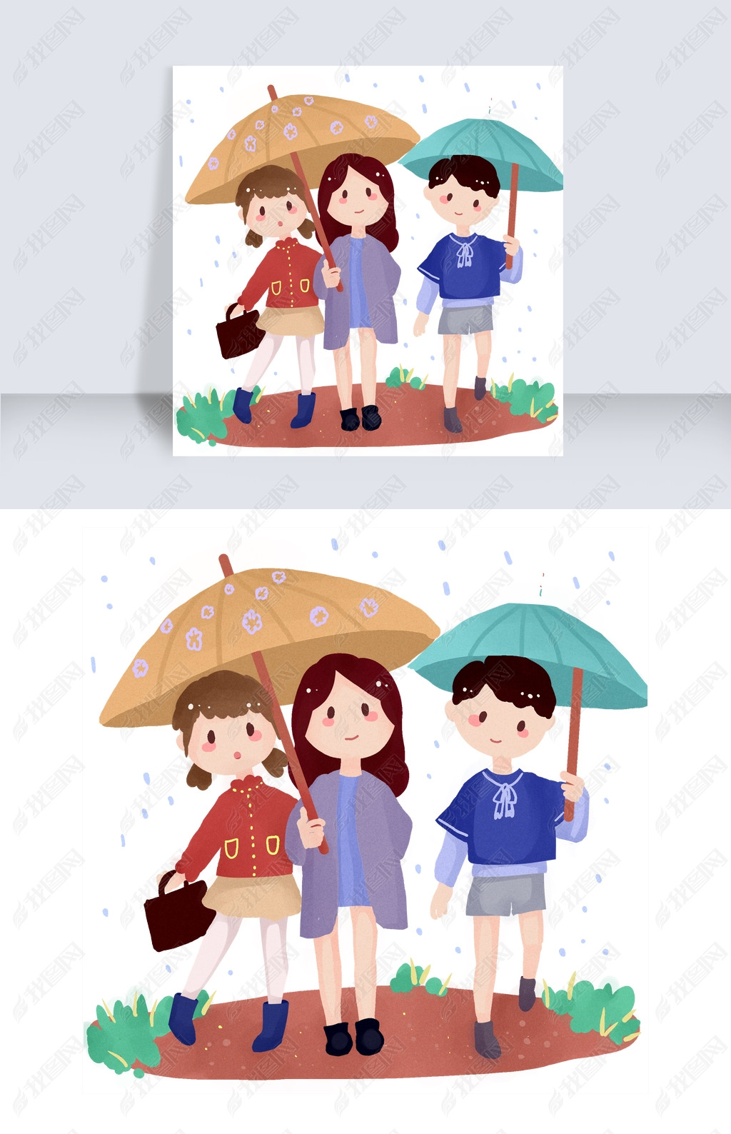 原创惊蛰春天下雨孩子们小路打伞可爱