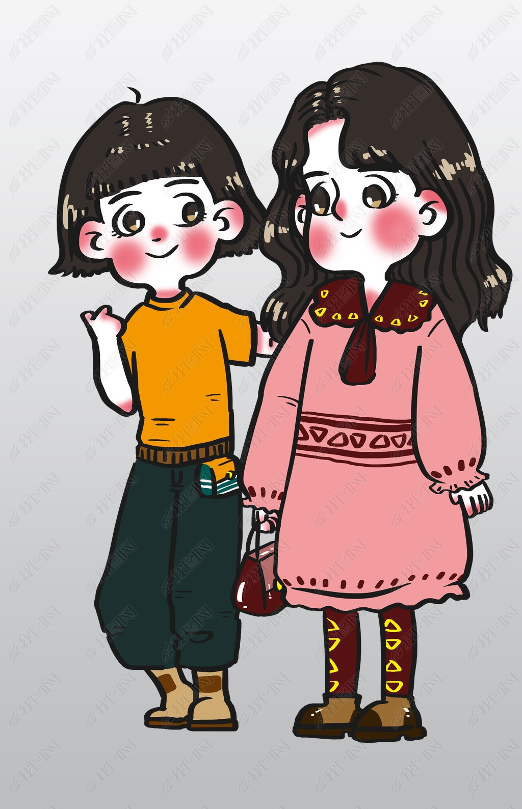 三八妇女节女孩们相约一起出去逛街玩耍卡通手绘