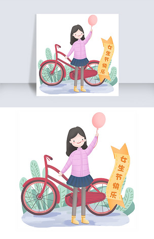 手绘女生节女生拿着气球的场景