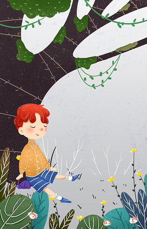 手绘卡通小男孩在树下乘凉免扣元素