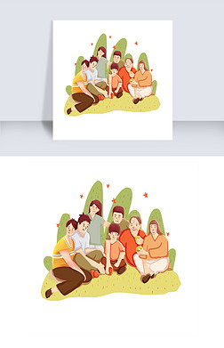 一家人其乐融融免抠元素|卡通手绘坐在草地上的一家人