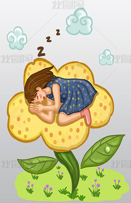 原创在小花上睡觉的小女孩