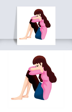 原创卡通坐在地上抱着腿的女孩免扣图版权可商用