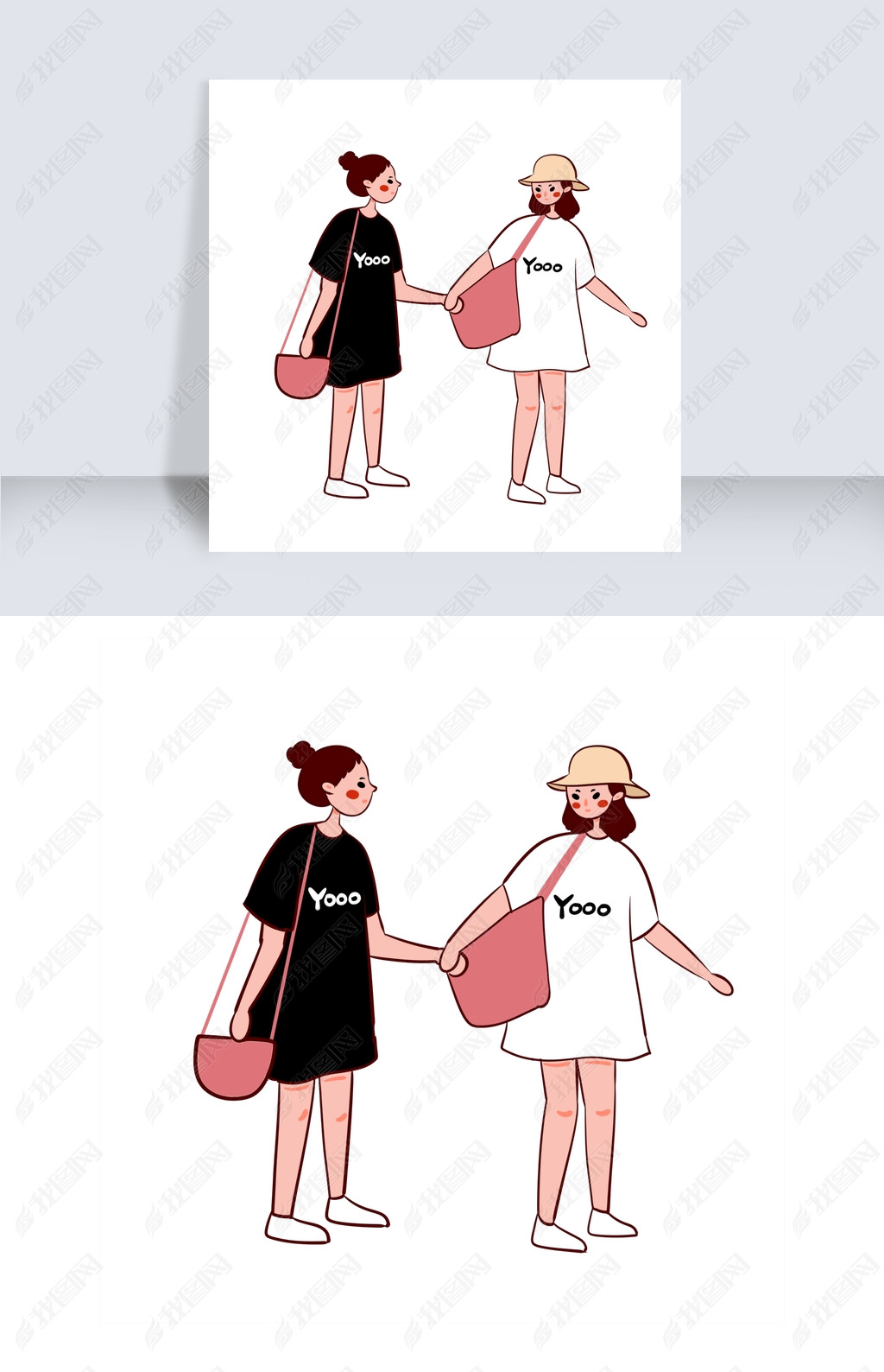 原创手绘卡通矢量简约38女生节穿黑白短袖的女生版权可商用