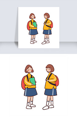 矢量卡通开学季可爱穿黄色校服背红色书包的短发女学生