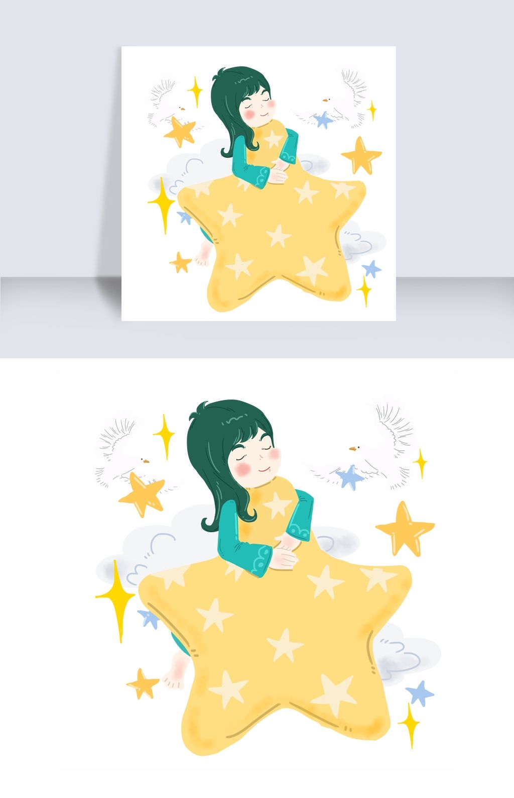 抱着星星睡觉的女孩