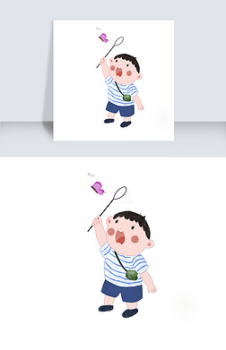 小朋友的春天免抠元素|春天捉蝴蝶的小男孩