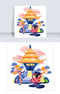 广寒宫免抠元素|卡通q版的嫦娥和广寒宫免扣图