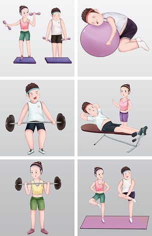 运动减肥健身器械健身房卡通人物运动场景合集