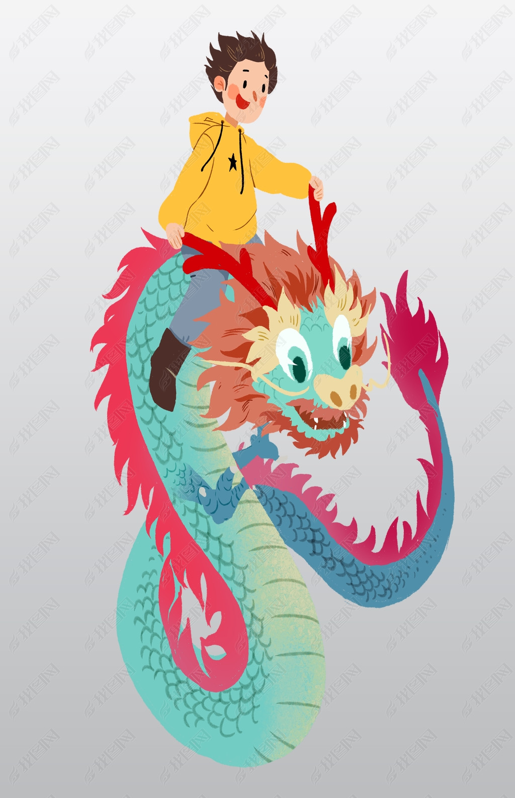 原创二月二龙抬头人物骑龙插画版权可商用