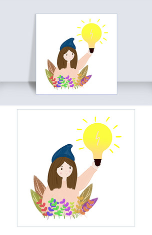 原创卡通地球一小时拿着灯泡的女孩版权可商用