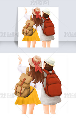 原创两人漂亮的女孩背着书包