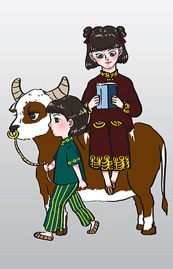 牧童水牛清明节姐妹俩放牛看书轻松悠闲