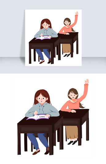 手绘课堂上学生举手回答问题