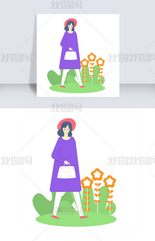卡通插画走路的女孩