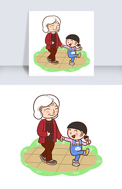 卡通老奶奶免抠元素|卡通老奶奶和孙子公园散步png透明底
