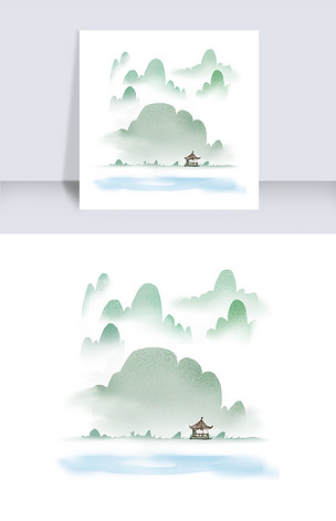 中国风青山云烟小亭江水古风风景画