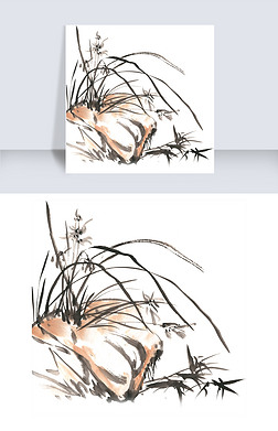 岩石与兰草水墨画png免抠素材