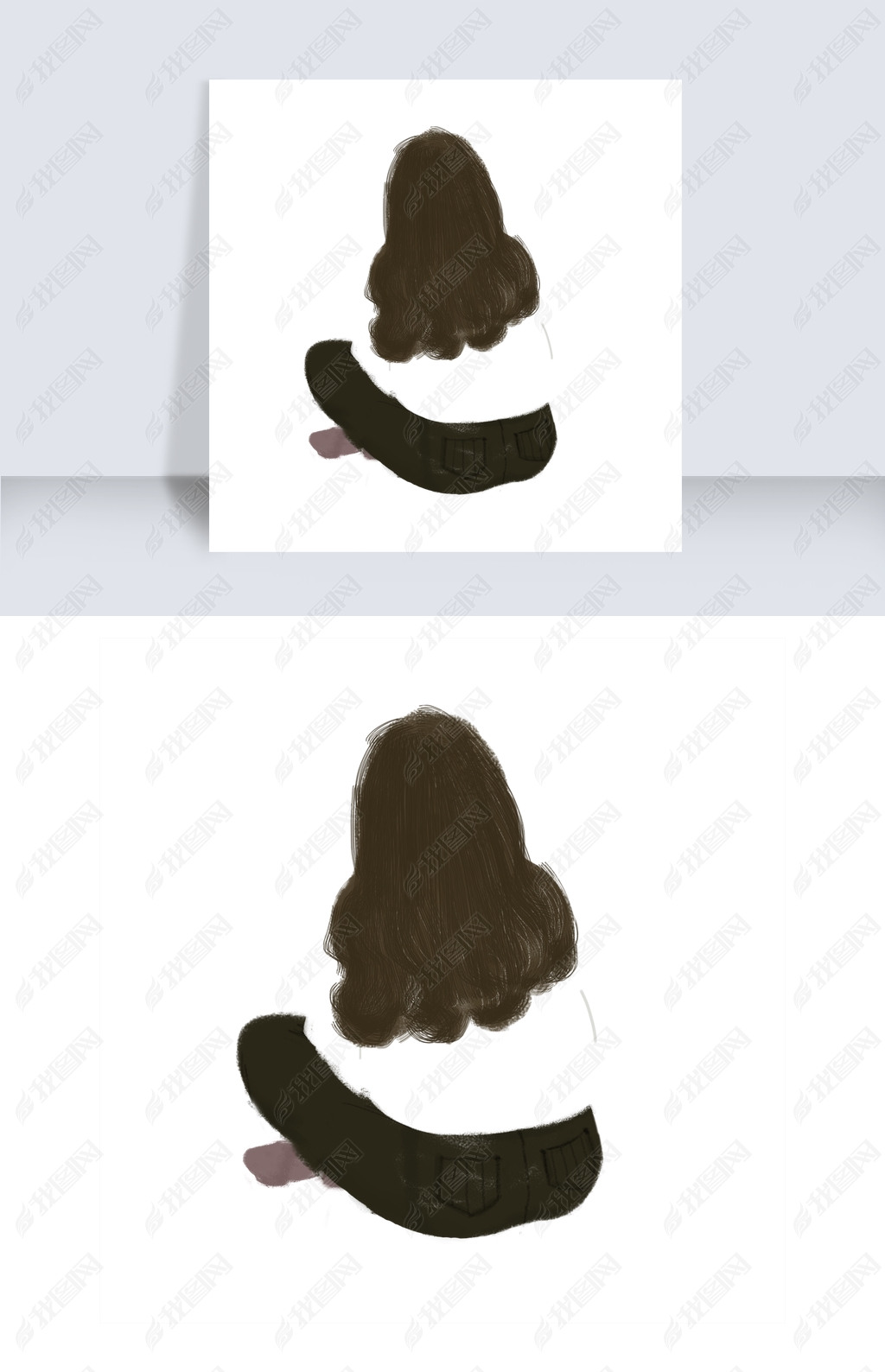 盘腿坐的少女背影卡通png素材