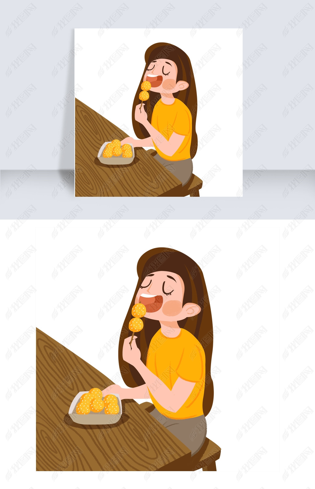 原创卡通吃美食的女孩下载版权可商用