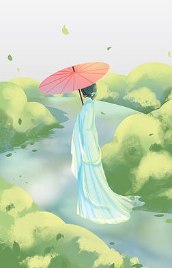 手绘卡通打伞的女人背影中国风林间小路免扣元素