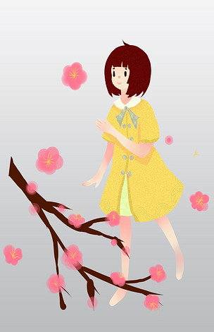 惊蛰人物和小花插画