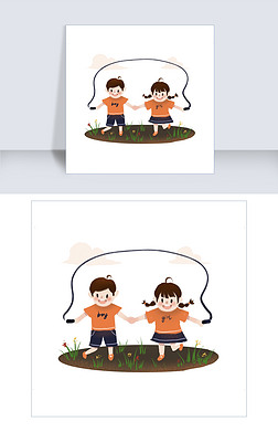 卡通手绘可爱男女童快乐手拉手草地跳绳场景