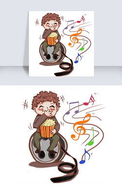 动漫厚涂吃爆米花看电影的男孩插画png