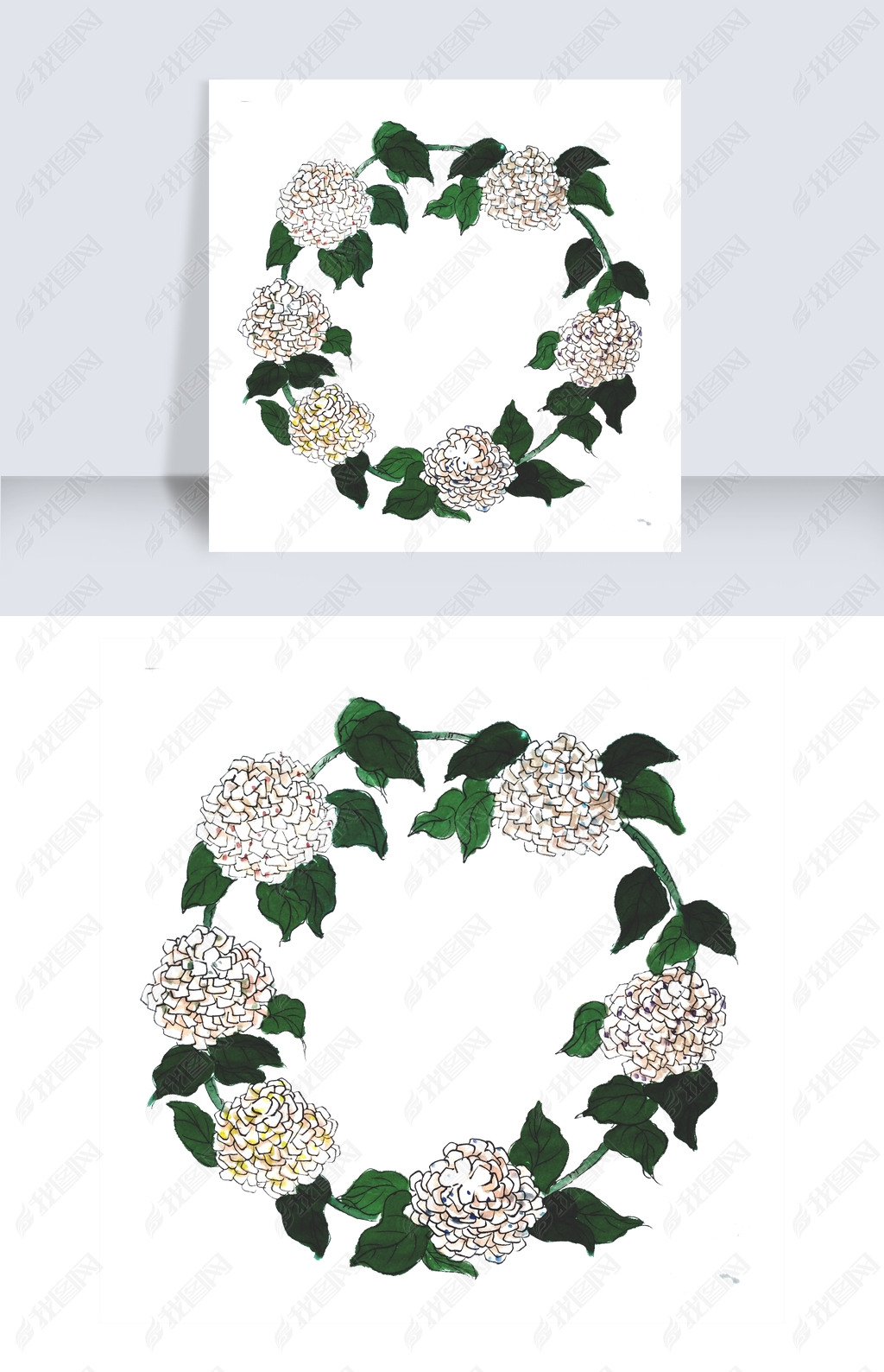 免抠元素 节日素材 二十四节气 > 水墨白色花环绣球紫阳花png国画举报