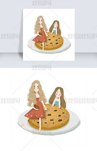 简约坐在曲奇上的女孩插画海报免抠元素