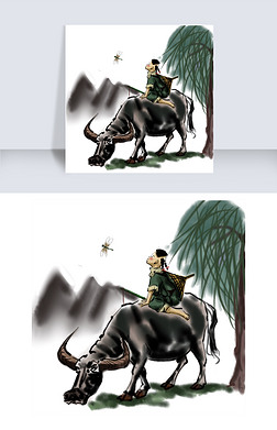 水墨骑牛吹笛牧童插画png
