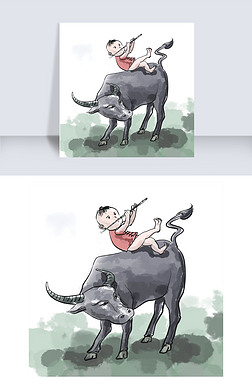 牧童水牛主题骑牛吹笛水墨风格手绘