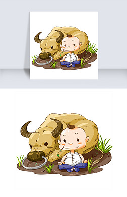 卧着免抠元素|清明节牧牛男孩插画