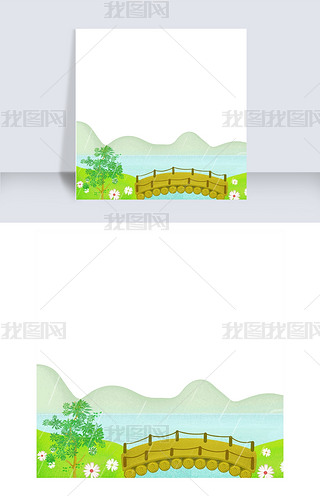 山水青山绿水桥PNG楚天风景绿色海报边框