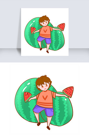 原创拿冰镇大西瓜的男孩手绘插画