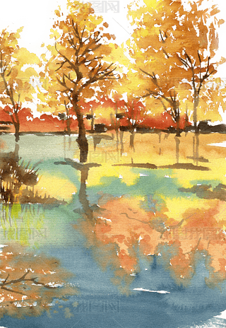 水墨秋季的胡杨林