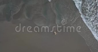 海滩漫步的女性的鸟瞰图