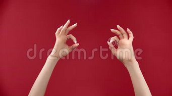 女性双手显示手势OK在空促销广告区域特写隔离