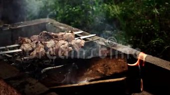 户外木炭背景下的热烤牛肉串或烤肉串